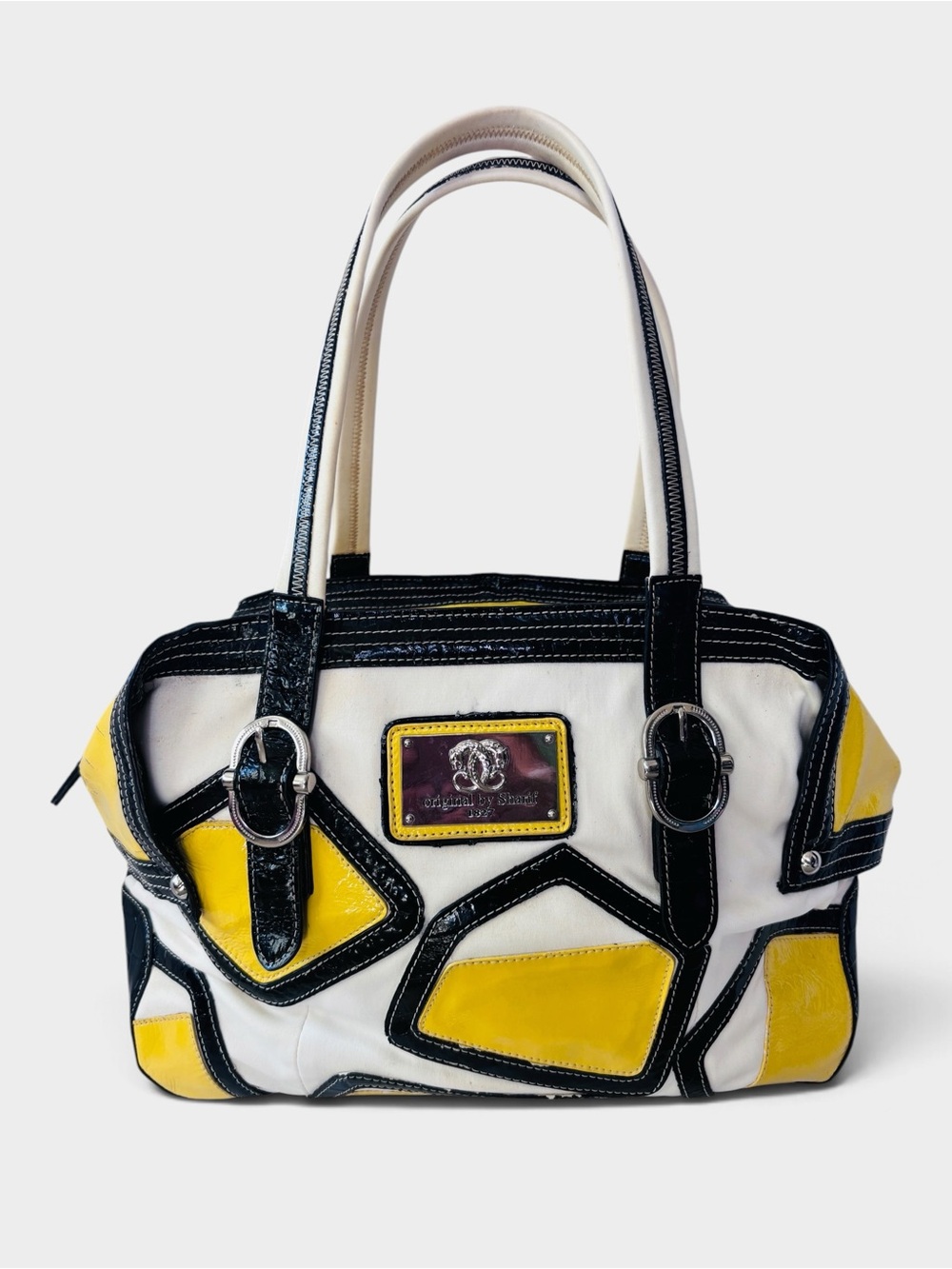 Original by Sharif 1827 White, Black & Yellow Geometric Satchel Bag